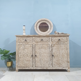 Handmade Carved Indian Furniture Mango Hard Wood 3 Drawers 3 Doors Sideboard Creamwash